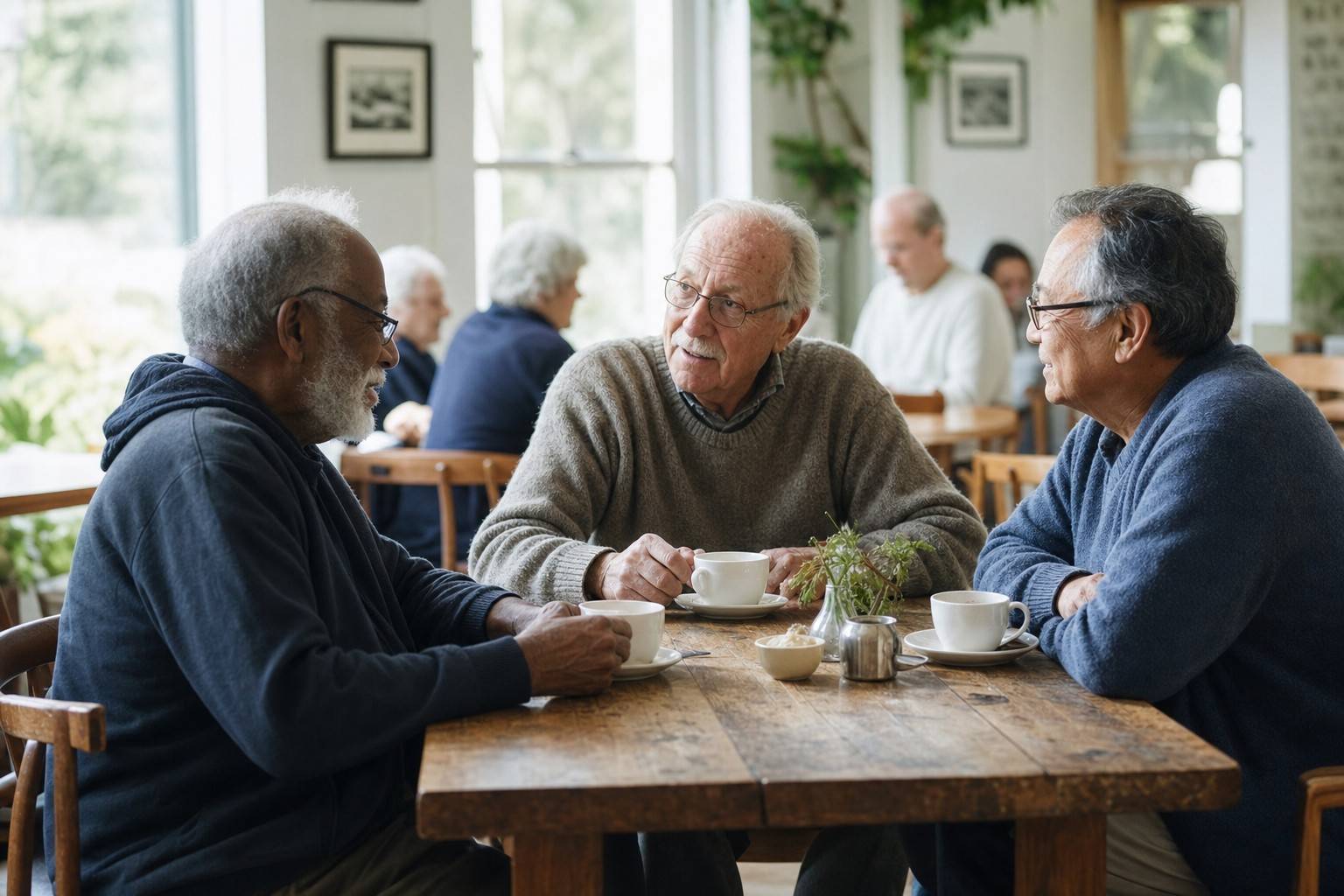 three older friends in relaxed conversation over tea in a community cafe